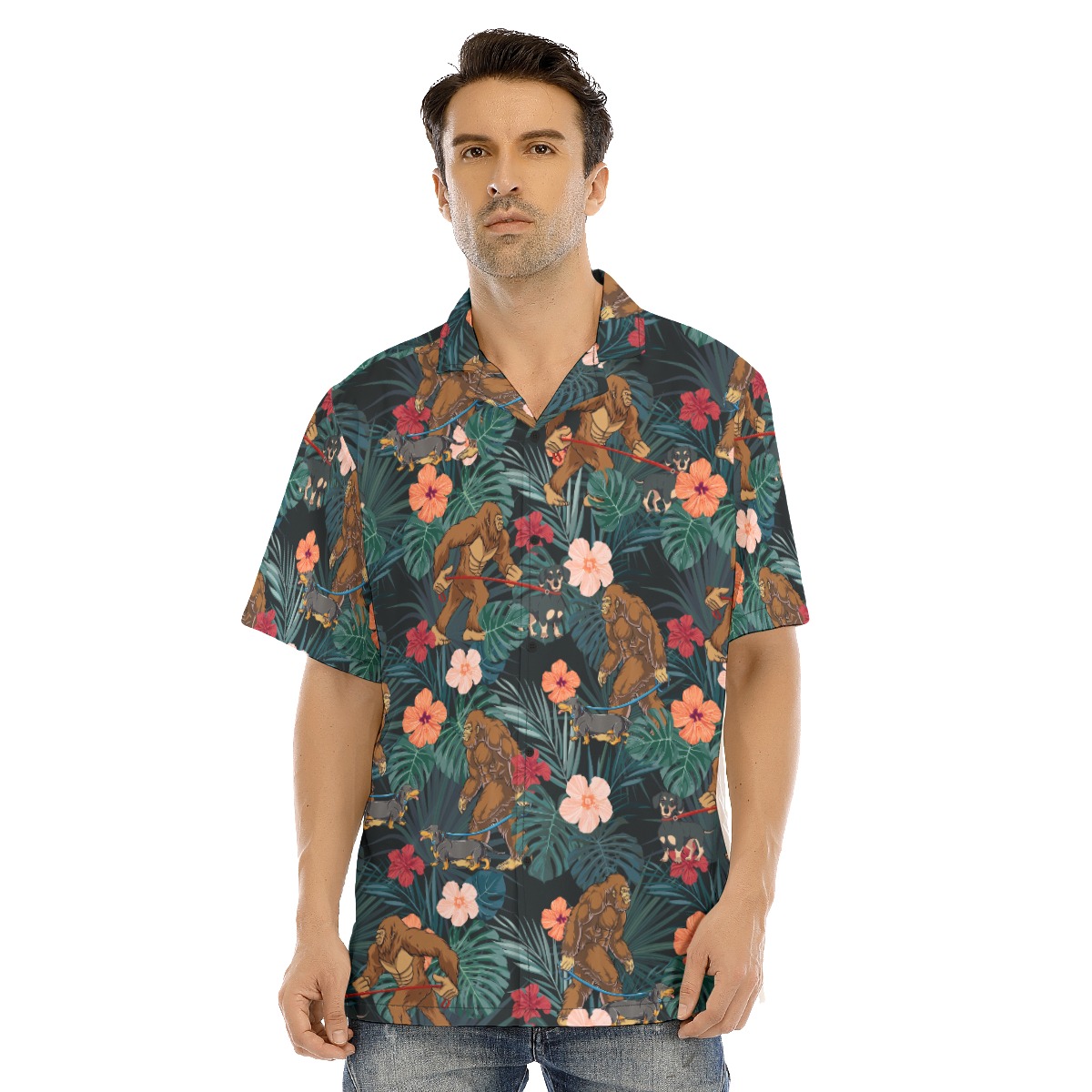 Funny Bigfoot Walking Dachshund Tropical Hawaiian Shirt For Men - variant image 1