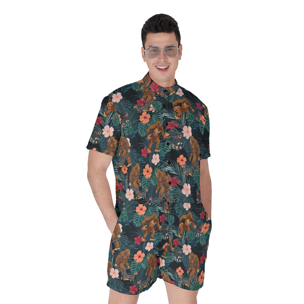 Funny Sasquatch Walking Dog Tropical Hawaiian Romper For Men - variant image 1