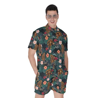 Funny Sasquatch Walking Dog Tropical Hawaiian Romper For Men
