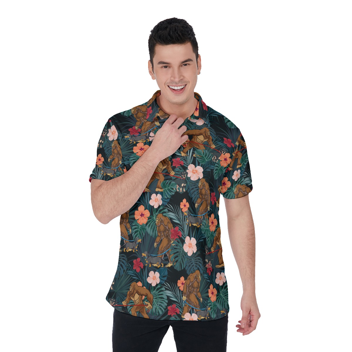Funny Tropical Bigfoot Walking Dog Hawaiian Polo Shirt For Men - variant image 1