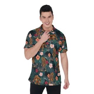 Funny Tropical Bigfoot Walking Dog Hawaiian Polo Shirt For Men