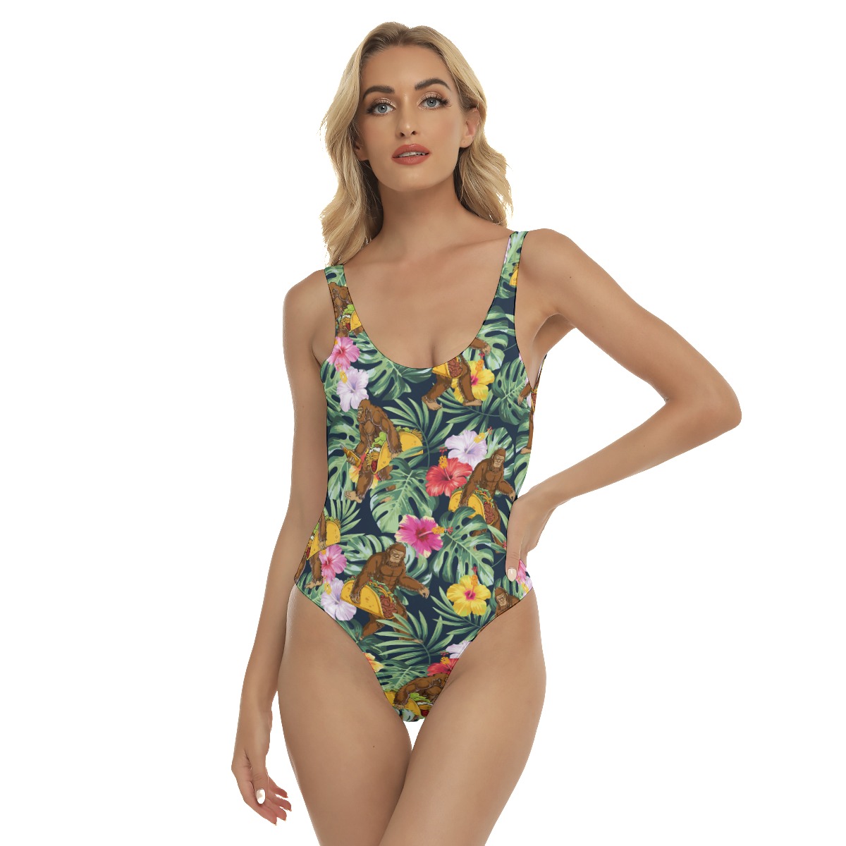 Funny Taco Bigfoot Tropical Hibiscus Hawaiian Swimsuit For Women - variant image 1