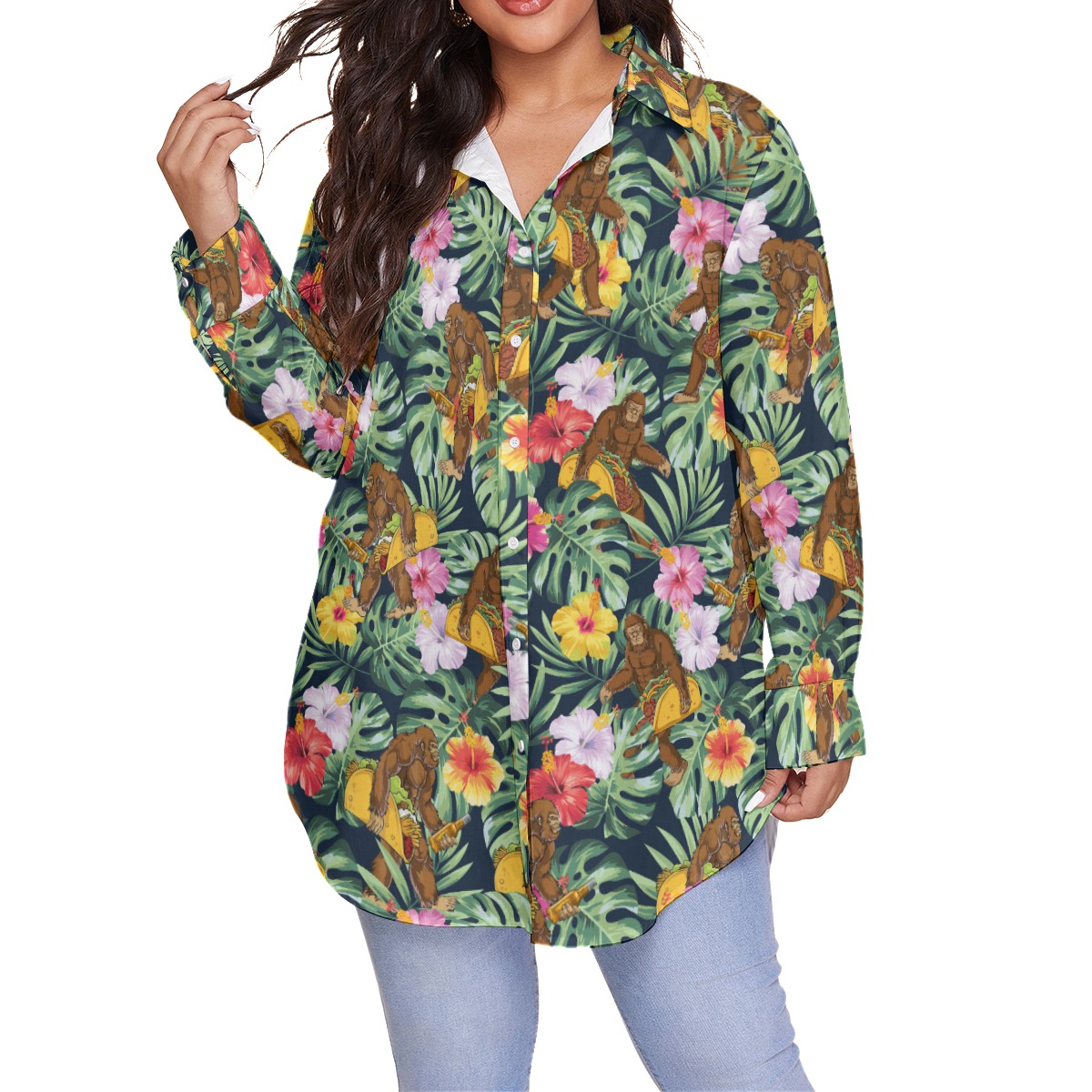 Tropical Bigfoot Taco Hibiscus Hawaiian Plus Size Shirt For Women - variant image 1