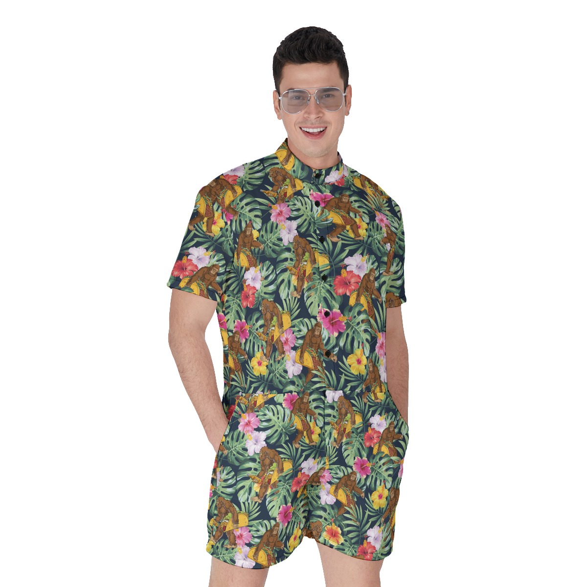 Tropical Bigfoot Taco Hibiscus Hawaiian Romper For Men - variant image 1