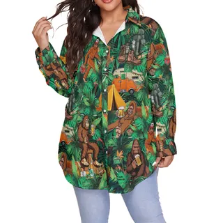 Funny Tropical Bigfoot Camping Hawaiian Plus Size Shirt For Women