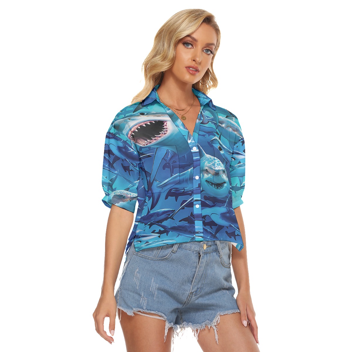 Blue Shark Hawaiian Crop Top Shirt For Women