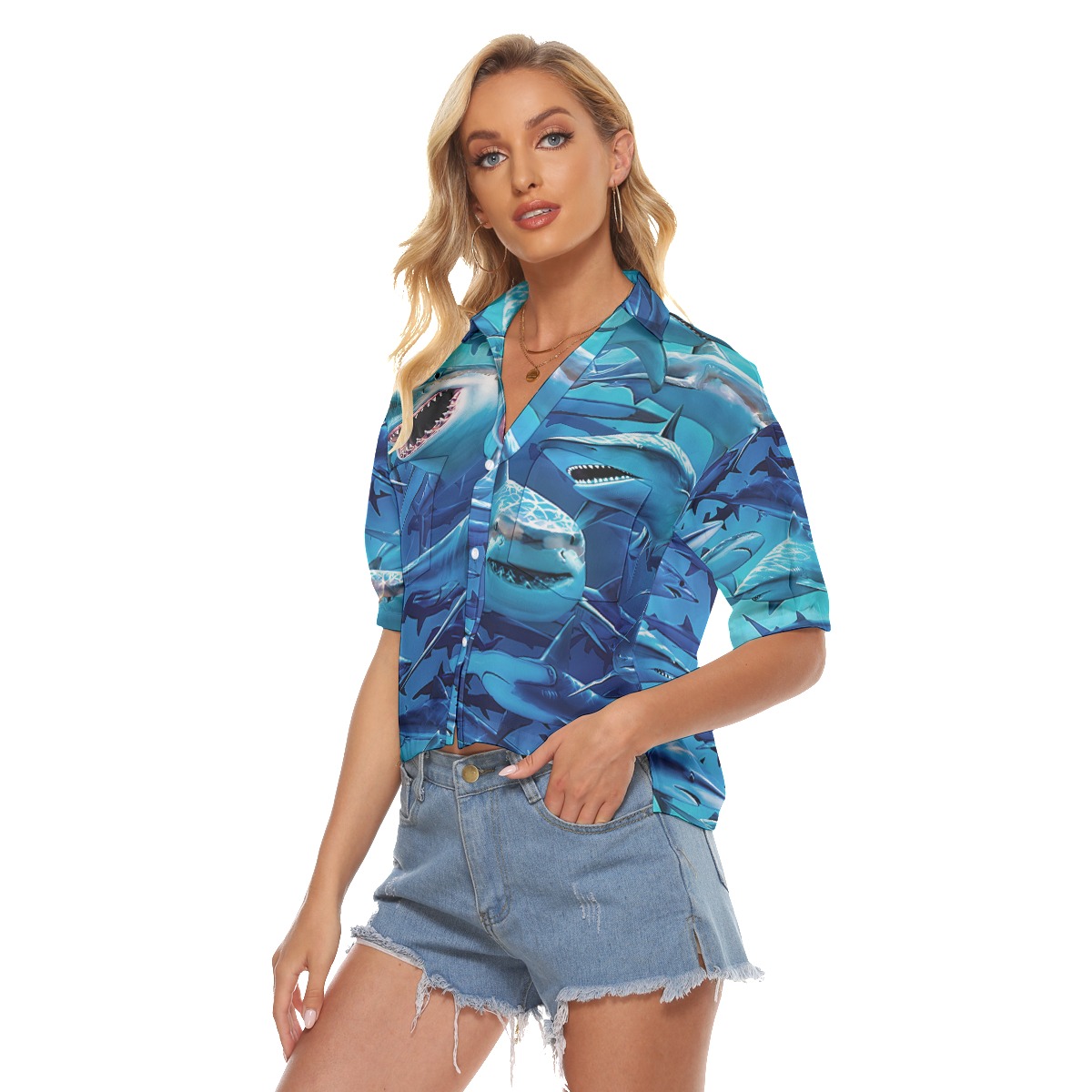 Blue Shark Hawaiian Crop Top Shirt For Women
