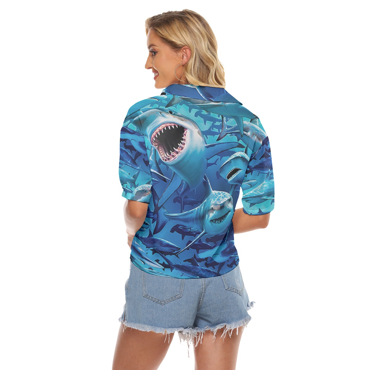 Blue Shark Hawaiian Crop Top Shirt For Women