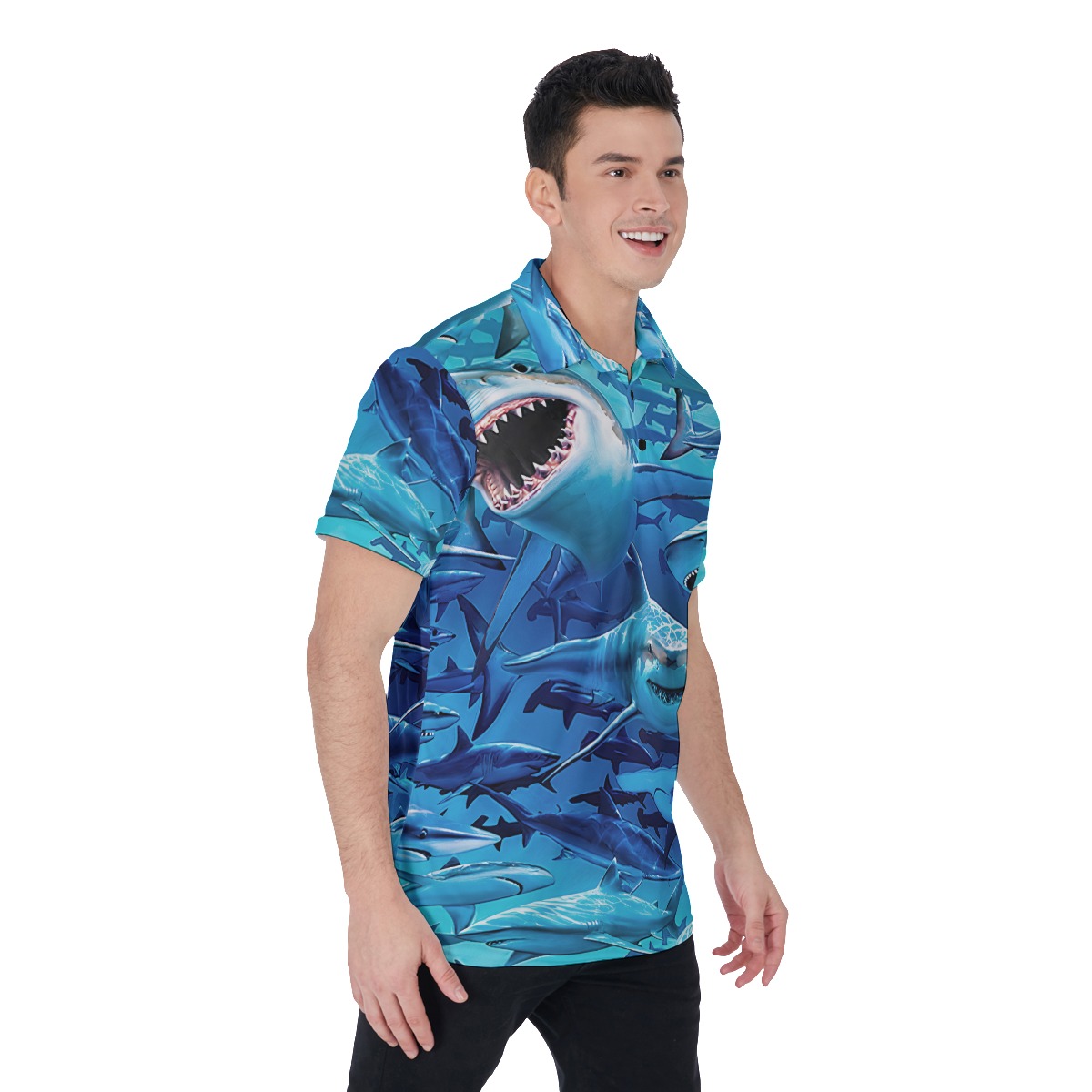 Cool Ocean Shark Blue Hawaiian Polo Shirt For Men