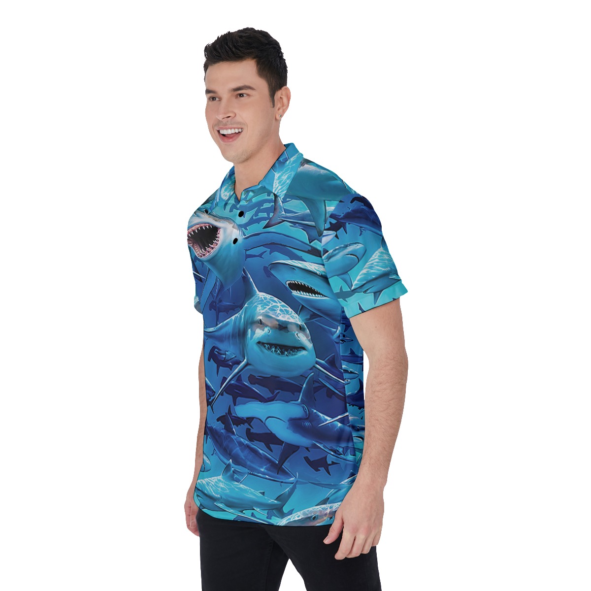 Cool Ocean Shark Blue Hawaiian Polo Shirt For Men