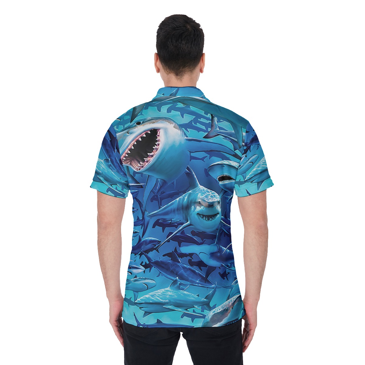 Cool Ocean Shark Blue Hawaiian Polo Shirt For Men