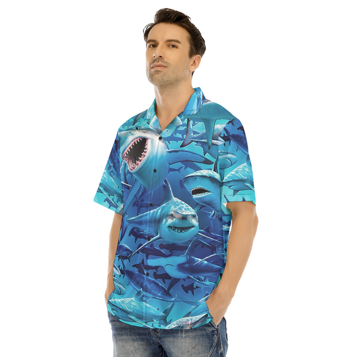 Blue Shark Hawaiian Shirt For Men