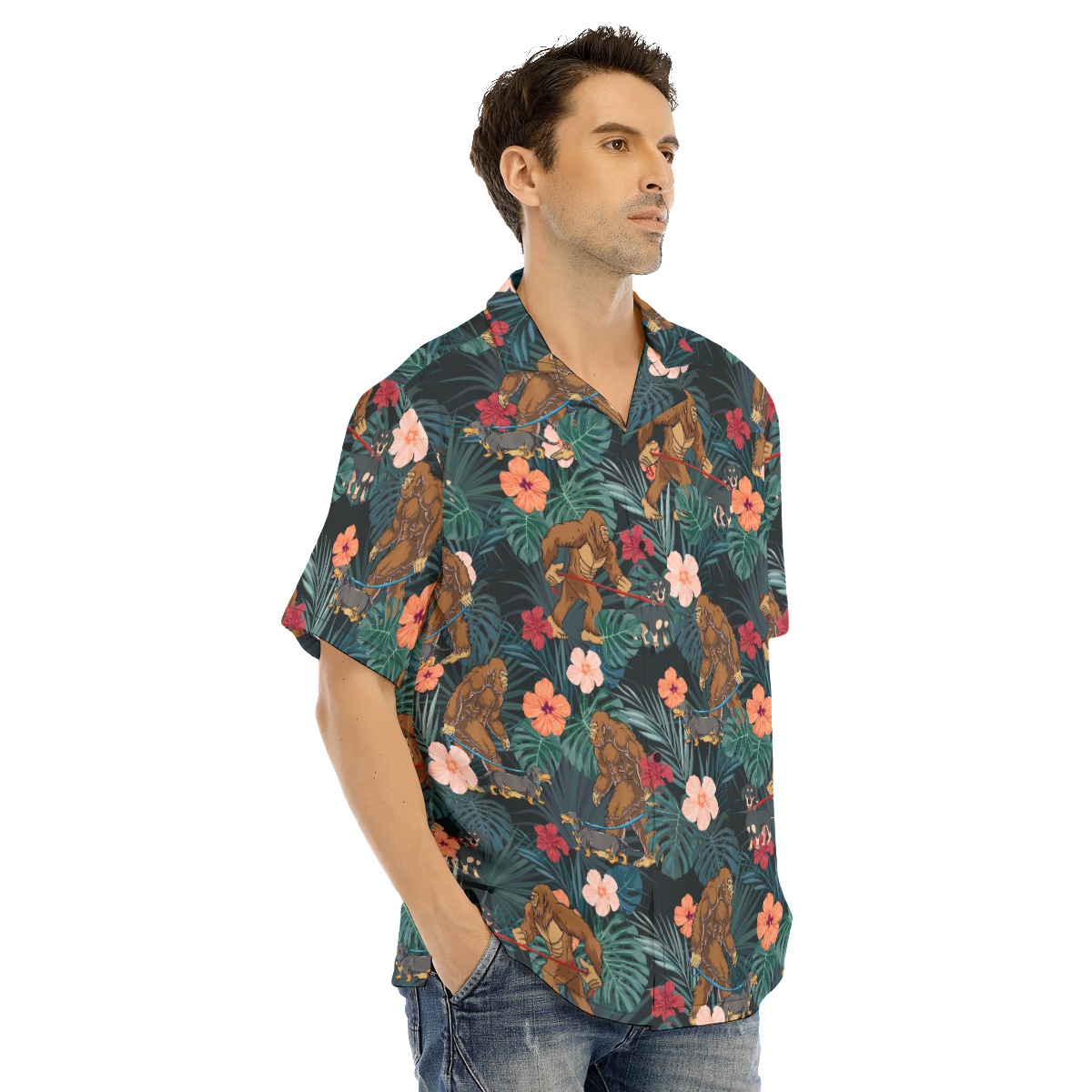 Funny Bigfoot Walking Dachshund Tropical Hawaiian Shirt For Men
