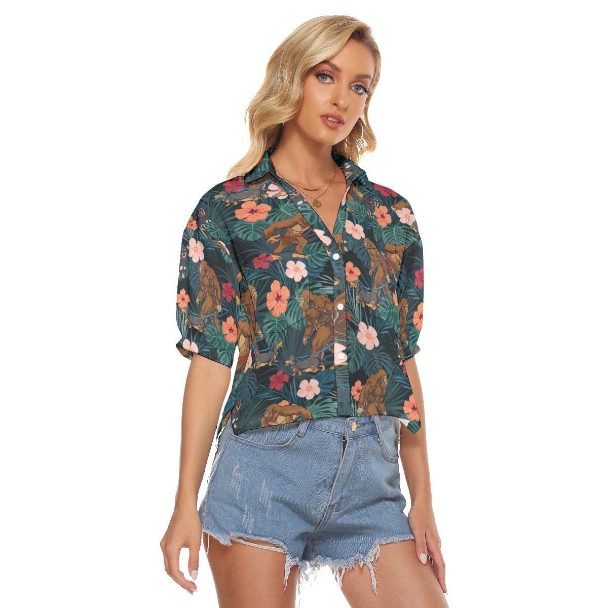 Tropical Sasquatch Walking Dachshund Hawaiian Crop Top Shirt For Women