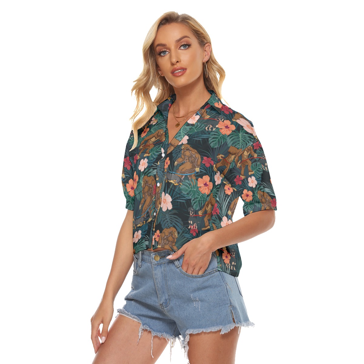 Tropical Sasquatch Walking Dachshund Hawaiian Crop Top Shirt For Women