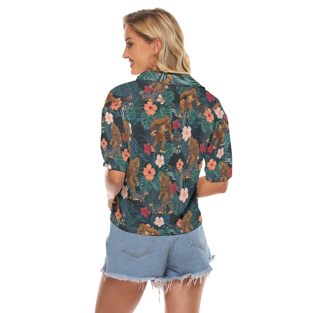 Tropical Sasquatch Walking Dachshund Hawaiian Crop Top Shirt For Women