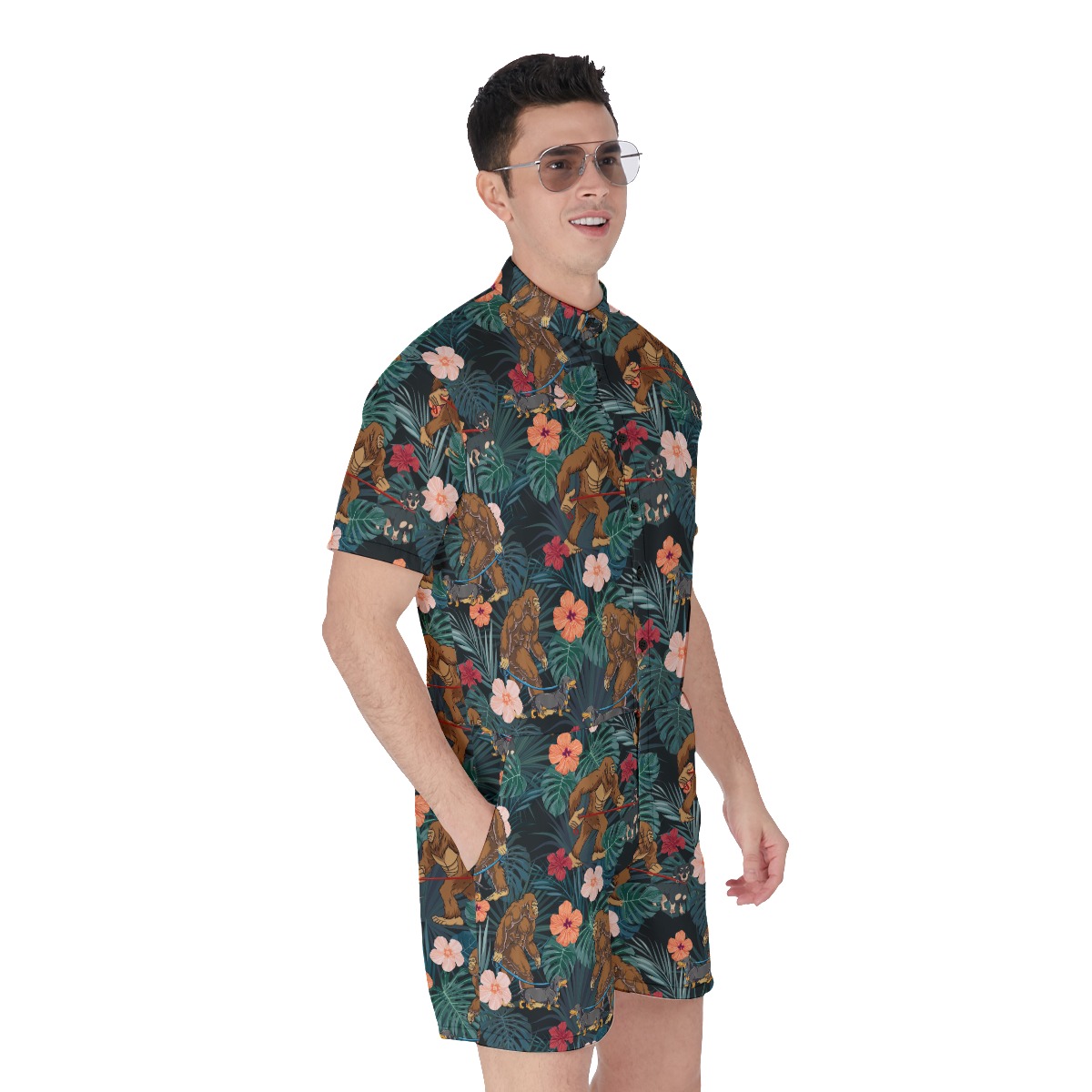 Funny Sasquatch Walking Dog Tropical Hawaiian Romper For Men