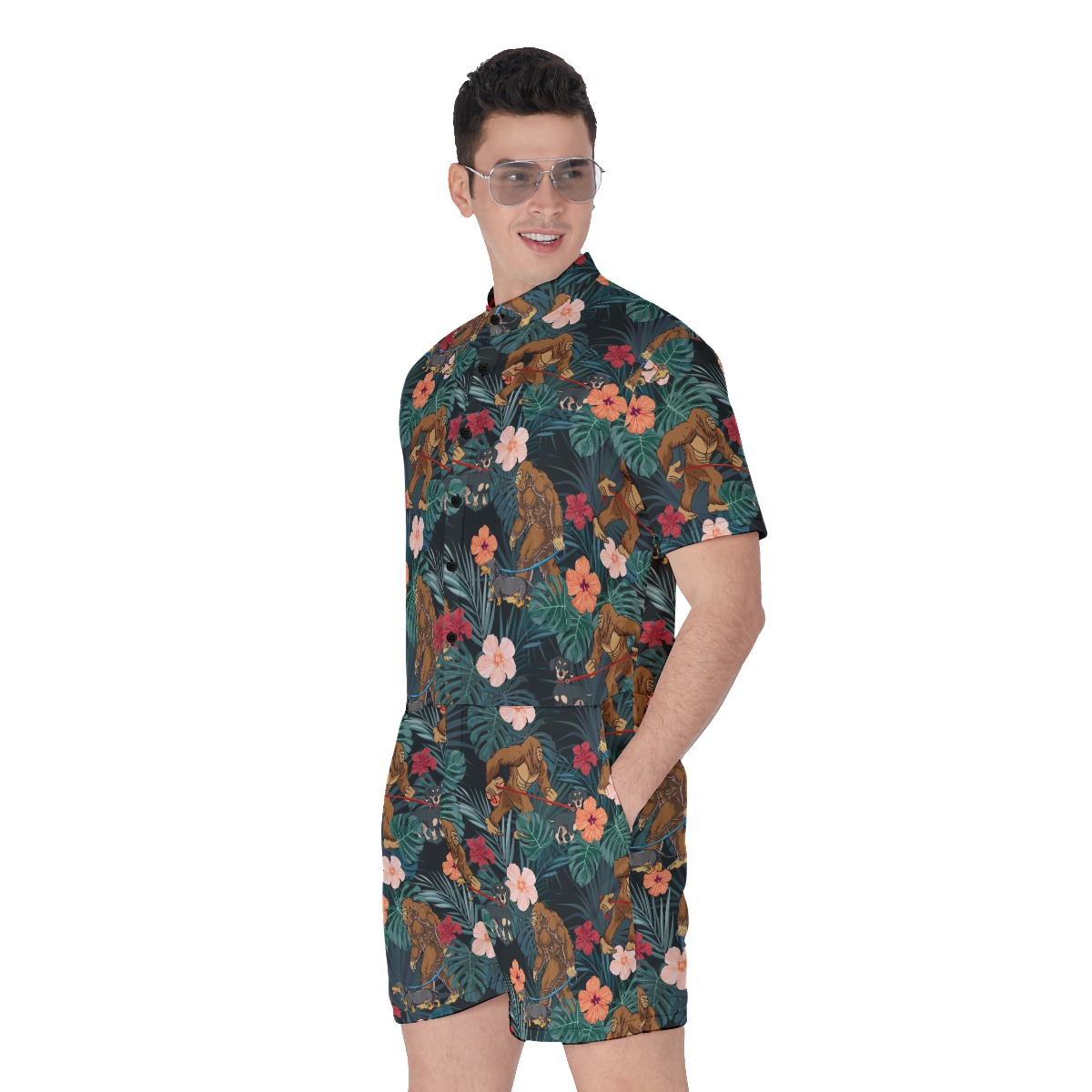Funny Sasquatch Walking Dog Tropical Hawaiian Romper For Men