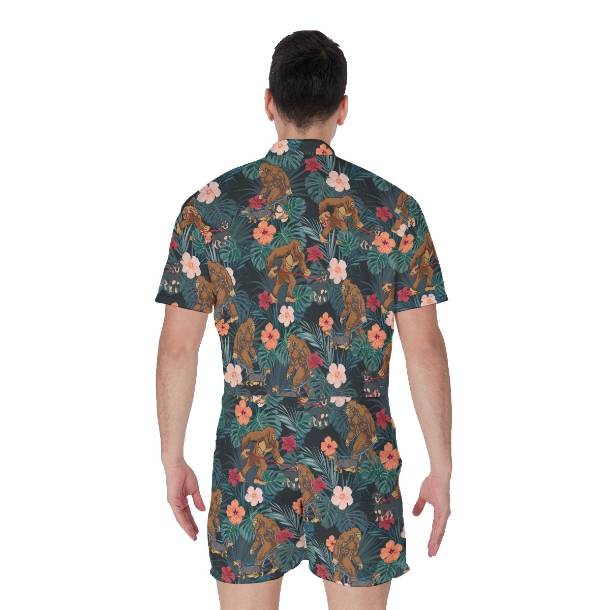 Funny Sasquatch Walking Dog Tropical Hawaiian Romper For Men