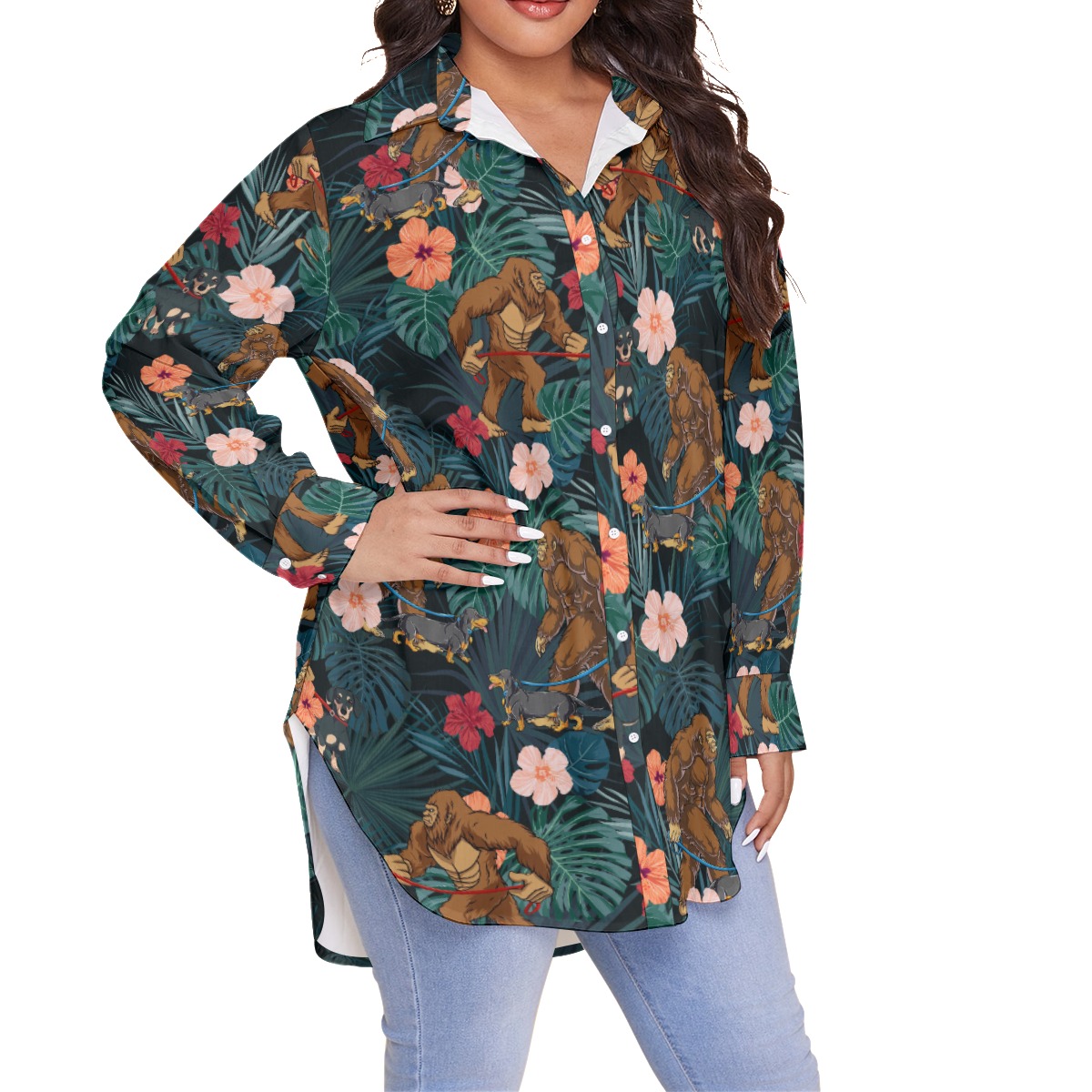 Funny Bigfoot And Dachshund Tropical Hawaiian Plus Size Shirt For Women