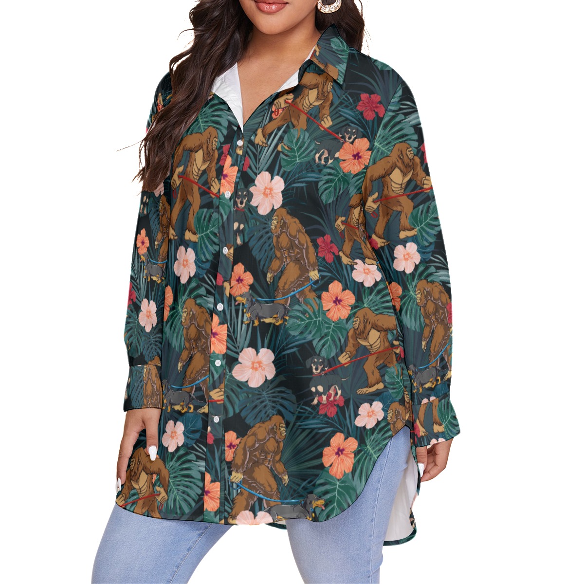 Funny Bigfoot And Dachshund Tropical Hawaiian Plus Size Shirt For Women