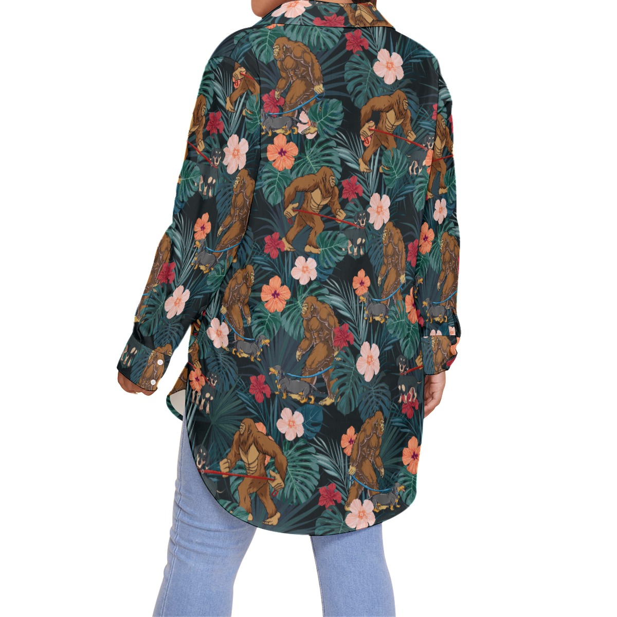 Funny Bigfoot And Dachshund Tropical Hawaiian Plus Size Shirt For Women