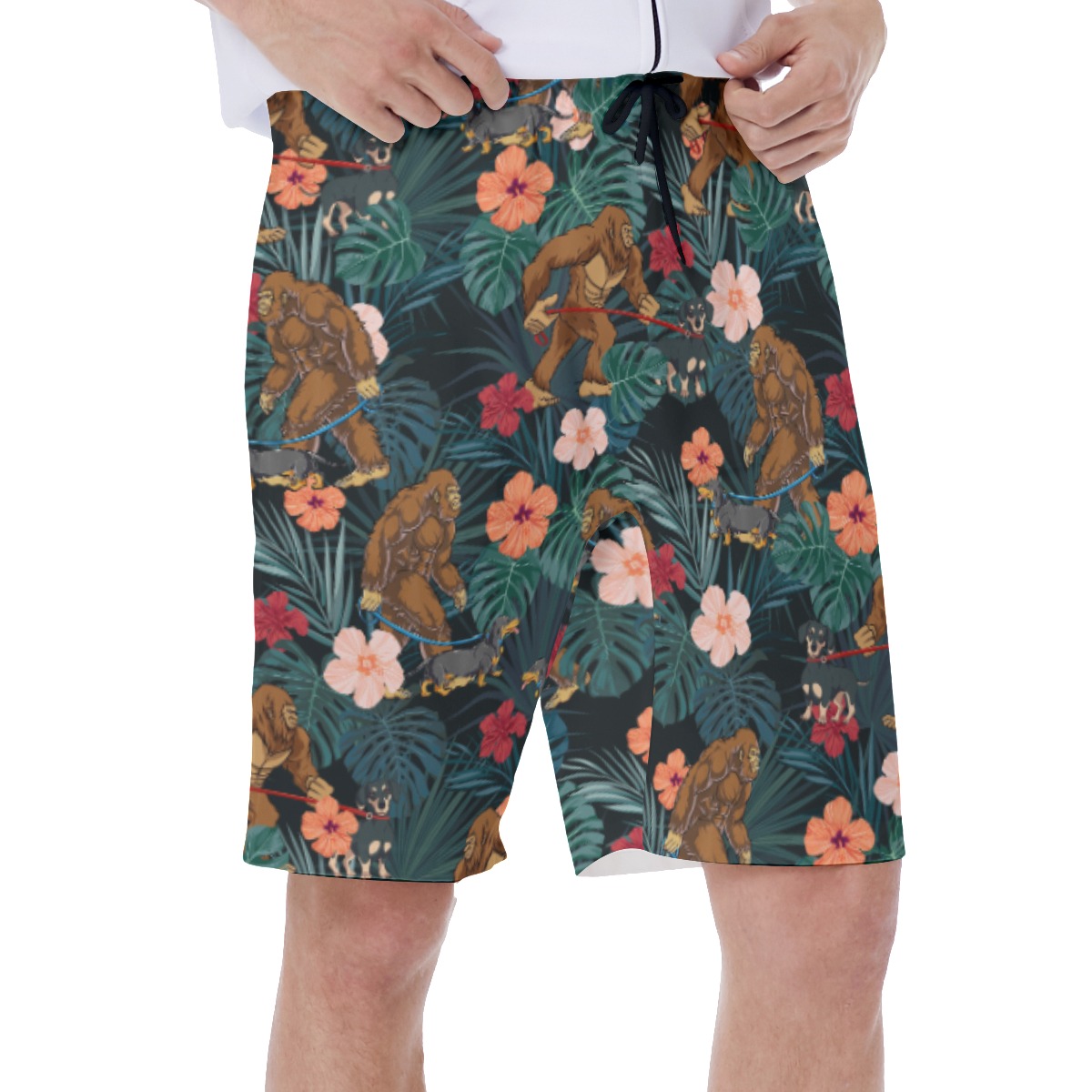 Tropical Sasquatch Walking Dog Hawaiian Swim Trunks For Men