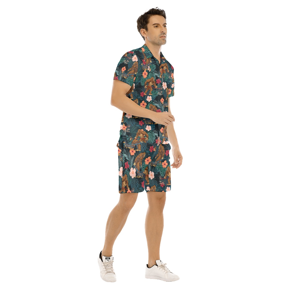 Set Tropical Bigfoot Walking Dog Hawaiian Shirt And Matching Shorts For Men