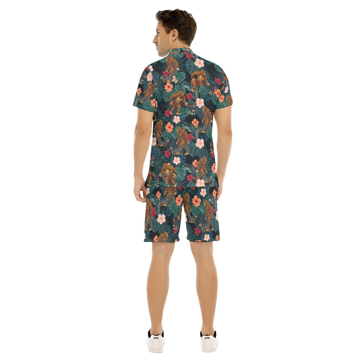 Set Tropical Bigfoot Walking Dog Hawaiian Shirt And Matching Shorts For Men