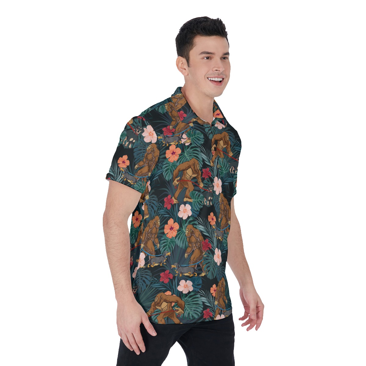 Funny Tropical Bigfoot Walking Dog Hawaiian Polo Shirt For Men