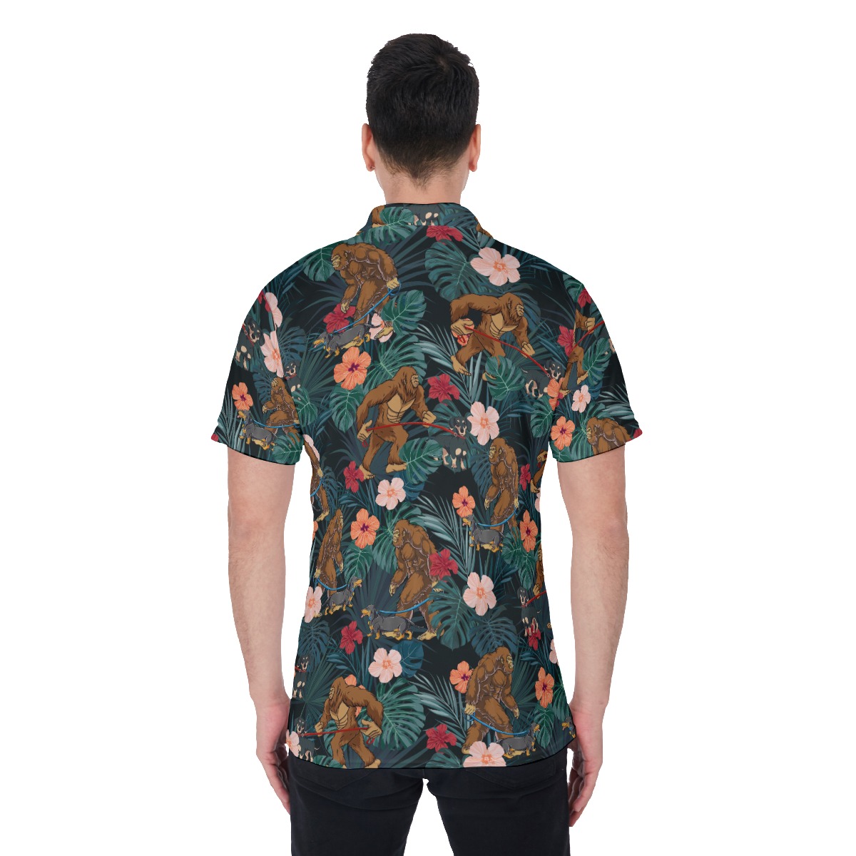 Funny Tropical Bigfoot Walking Dog Hawaiian Polo Shirt For Men