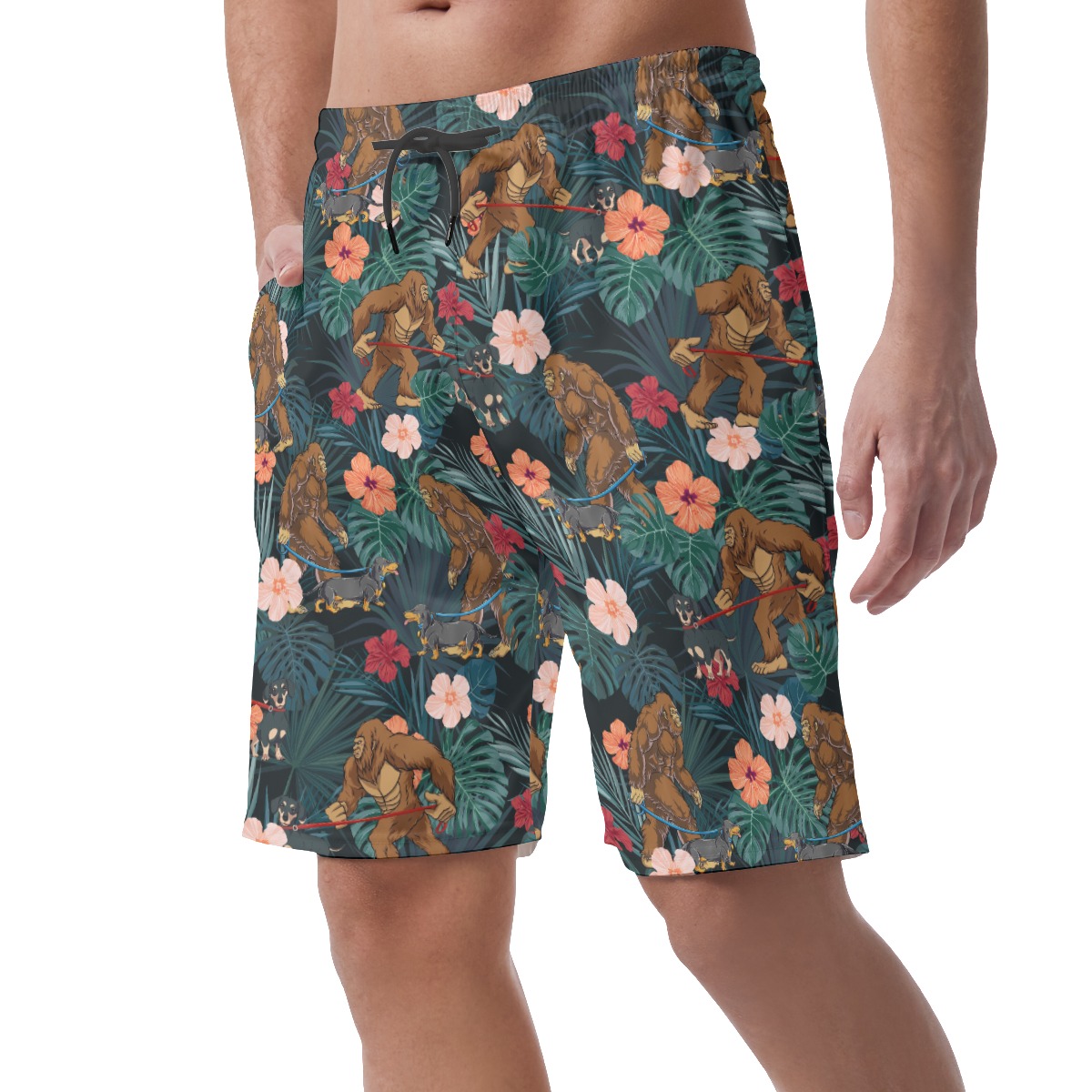 Funny Sasquatch Walking Dachshund Tropical Beach Shorts For Men
