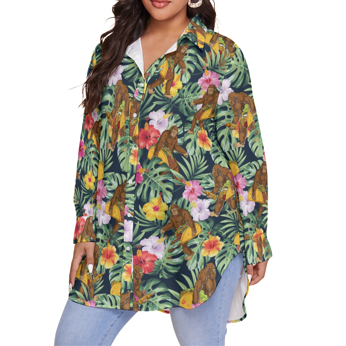 Tropical Bigfoot Taco Hibiscus Hawaiian Plus Size Shirt For Women