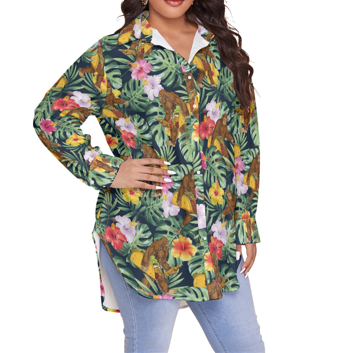 Tropical Bigfoot Taco Hibiscus Hawaiian Plus Size Shirt For Women