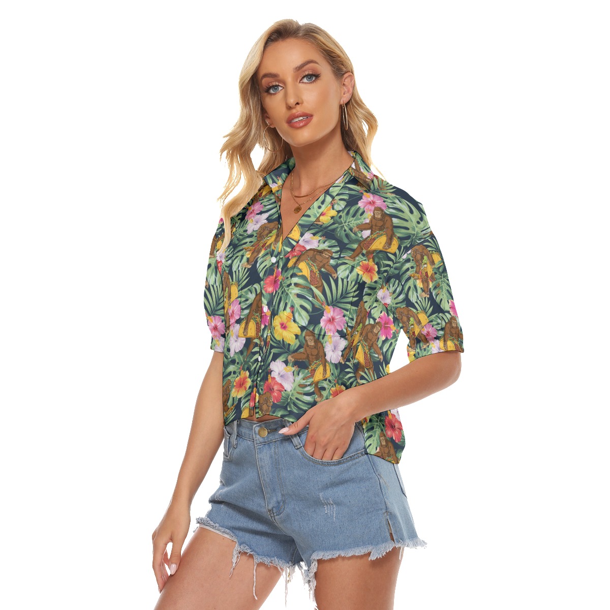 Funny Bigfoot Taco Tropical Hibiscus Hawaiian Cropped Shirt