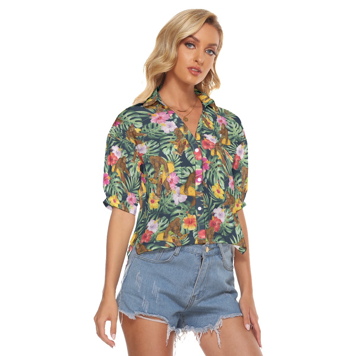 Funny Bigfoot Taco Tropical Hibiscus Hawaiian Cropped Shirt
