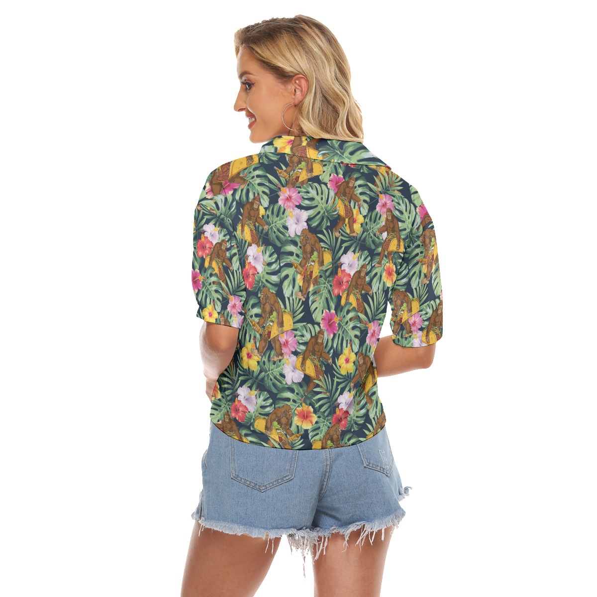 Funny Bigfoot Taco Tropical Hibiscus Hawaiian Cropped Shirt