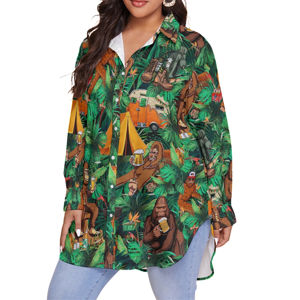 Funny Tropical Bigfoot Camping Hawaiian Plus Size Shirt For Women