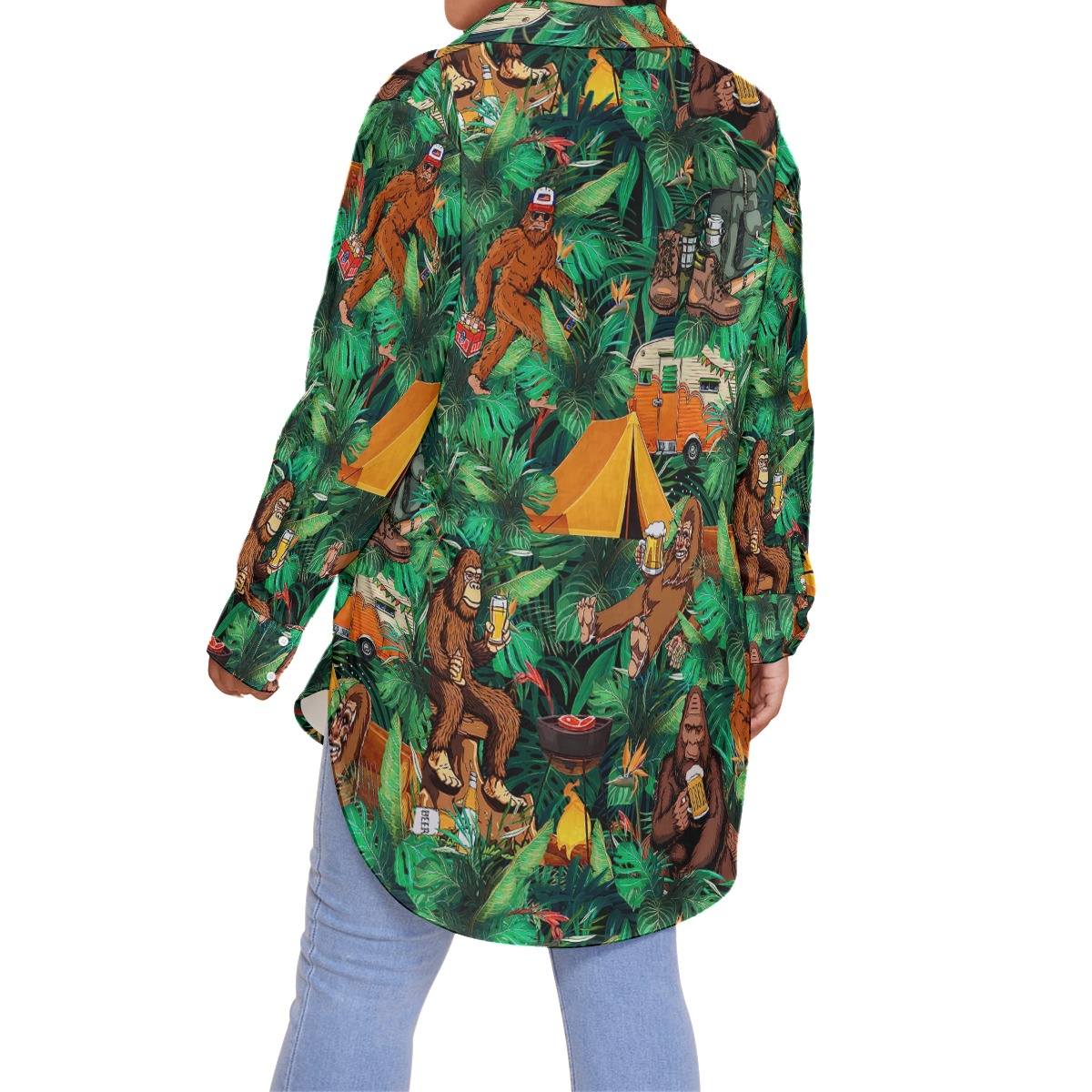 Funny Tropical Bigfoot Camping Hawaiian Plus Size Shirt For Women