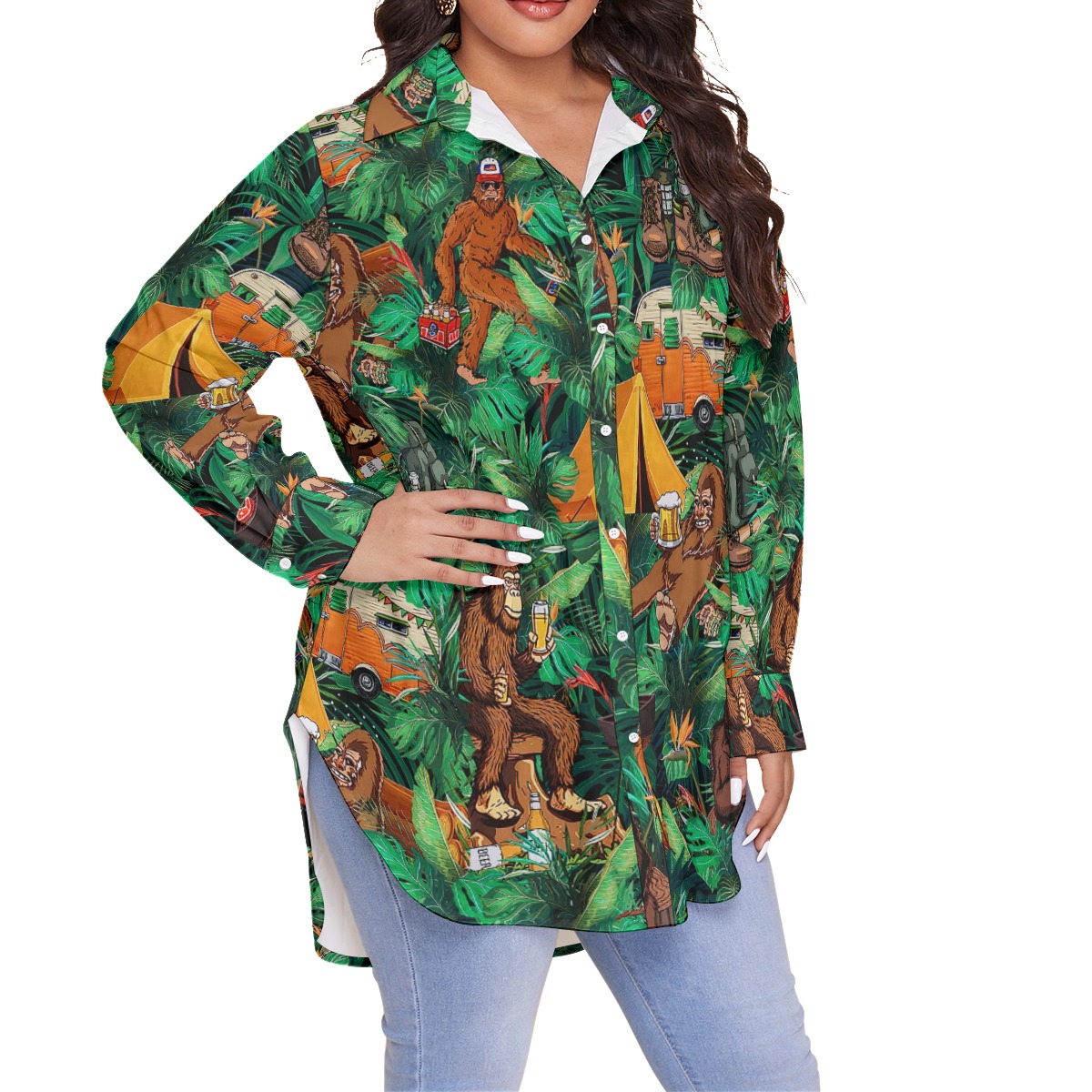 Funny Tropical Bigfoot Camping Hawaiian Plus Size Shirt For Women