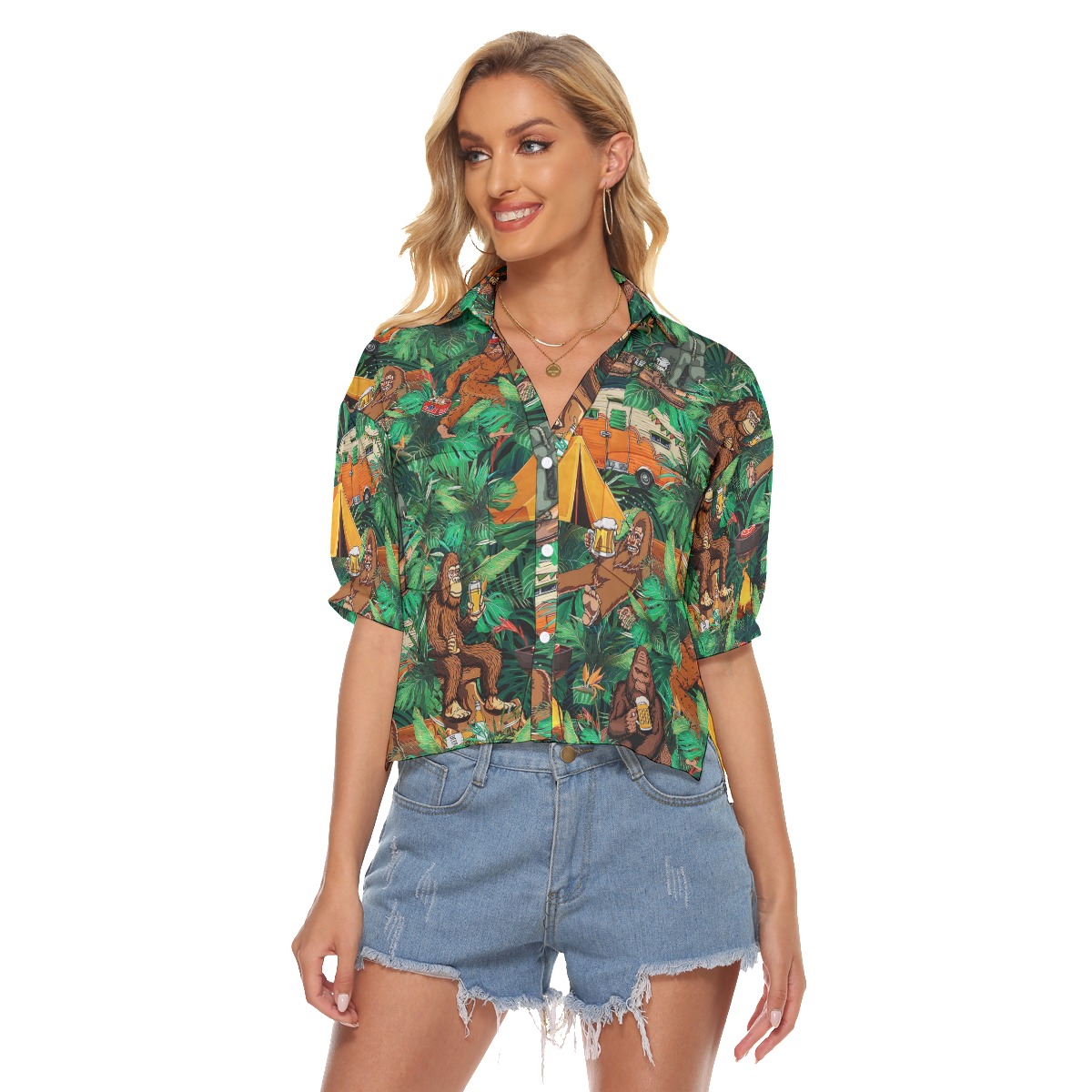 Funny Camping Bigfoot Tropical Hawaiian Cropped Shirt For Women - variant image 1