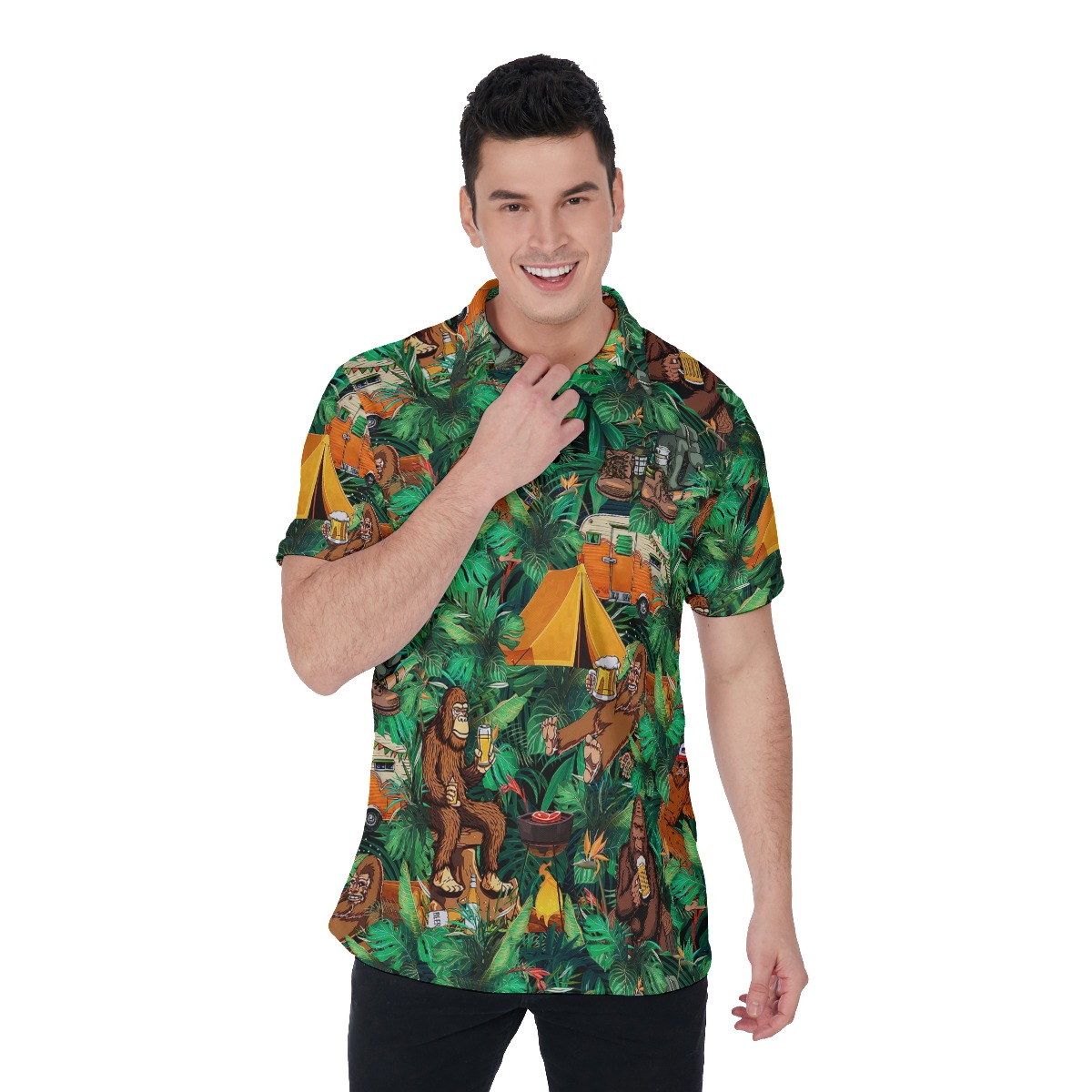 Tropical Bigfoot Camping Hawaiian Polo Shirt For Men - variant image 1