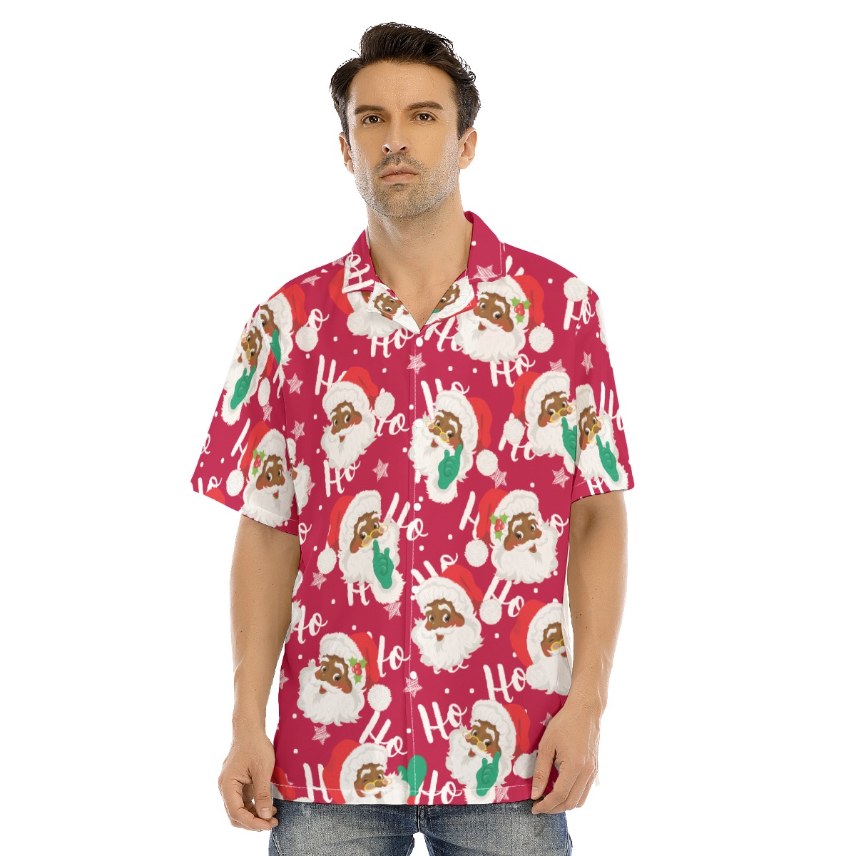 Funny Black Santa Ho Ho Ho Christmas Short Sleeve Collar Shirt - variant image 1