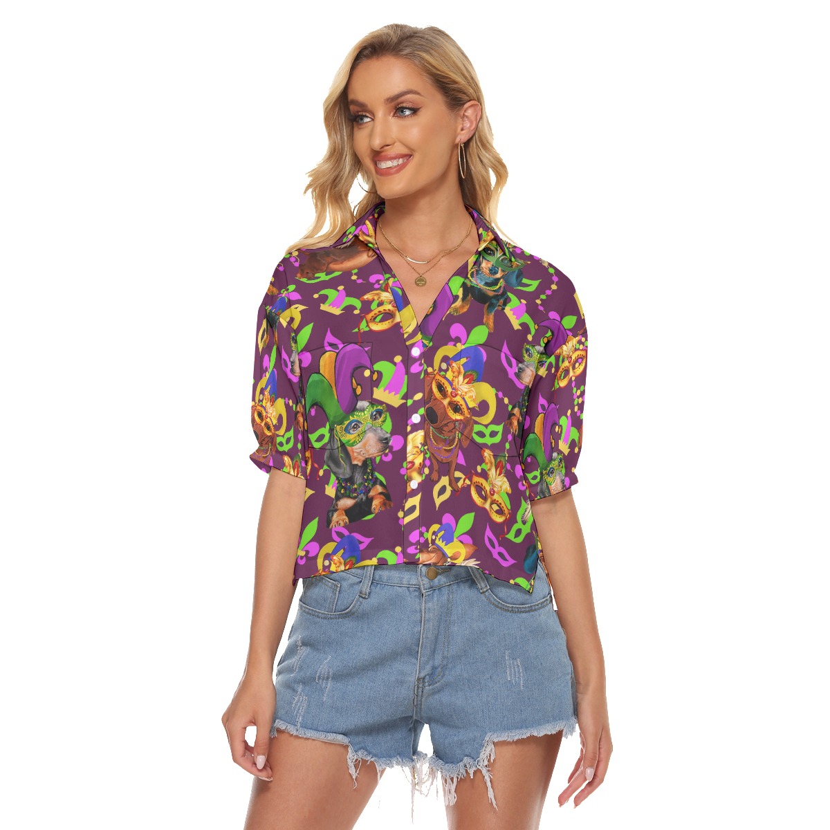 Happy Mardi Gras Dachshund Hawaiian Crop Top Shirt For Women - variant image 1