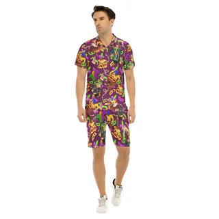 Funny Dachshund Mardi Gras Hawaiian Shirt Set For Men