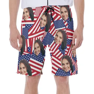 Face Custom American Flag Hawaiian Swim Trunks