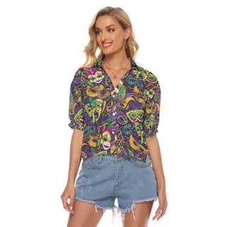 Happy Mardi Gras Hawaiian Cropped Shirt For Women