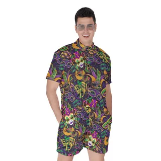 Men's Hawaiian Romper With Colorful Mardi Gras Masks