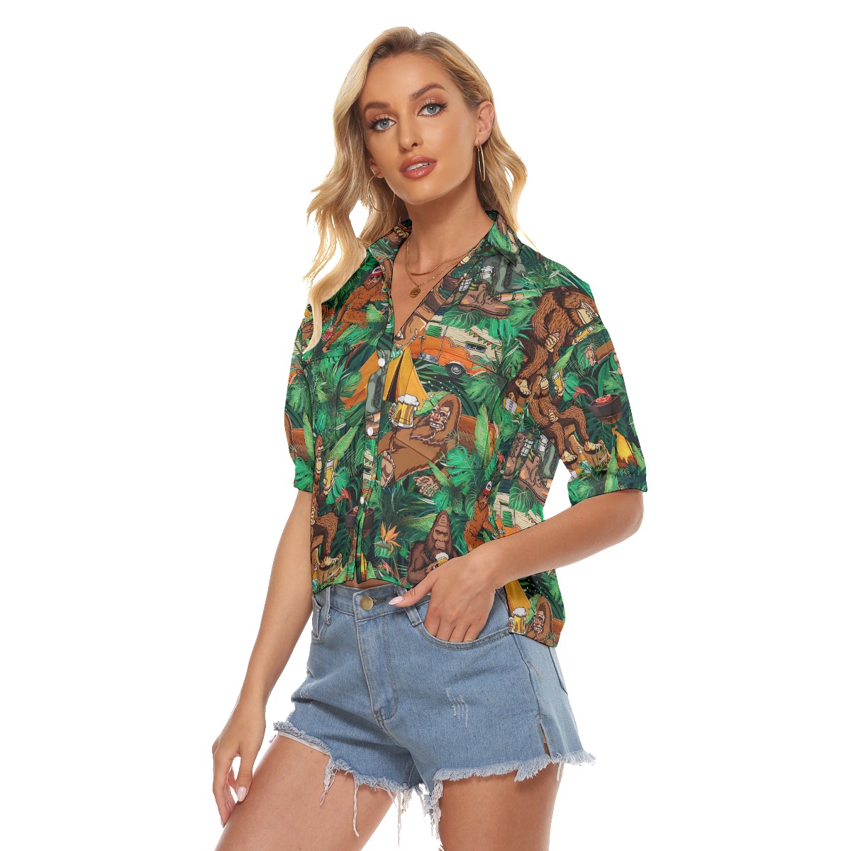 Funny Camping Bigfoot Tropical Hawaiian Cropped Shirt For Women