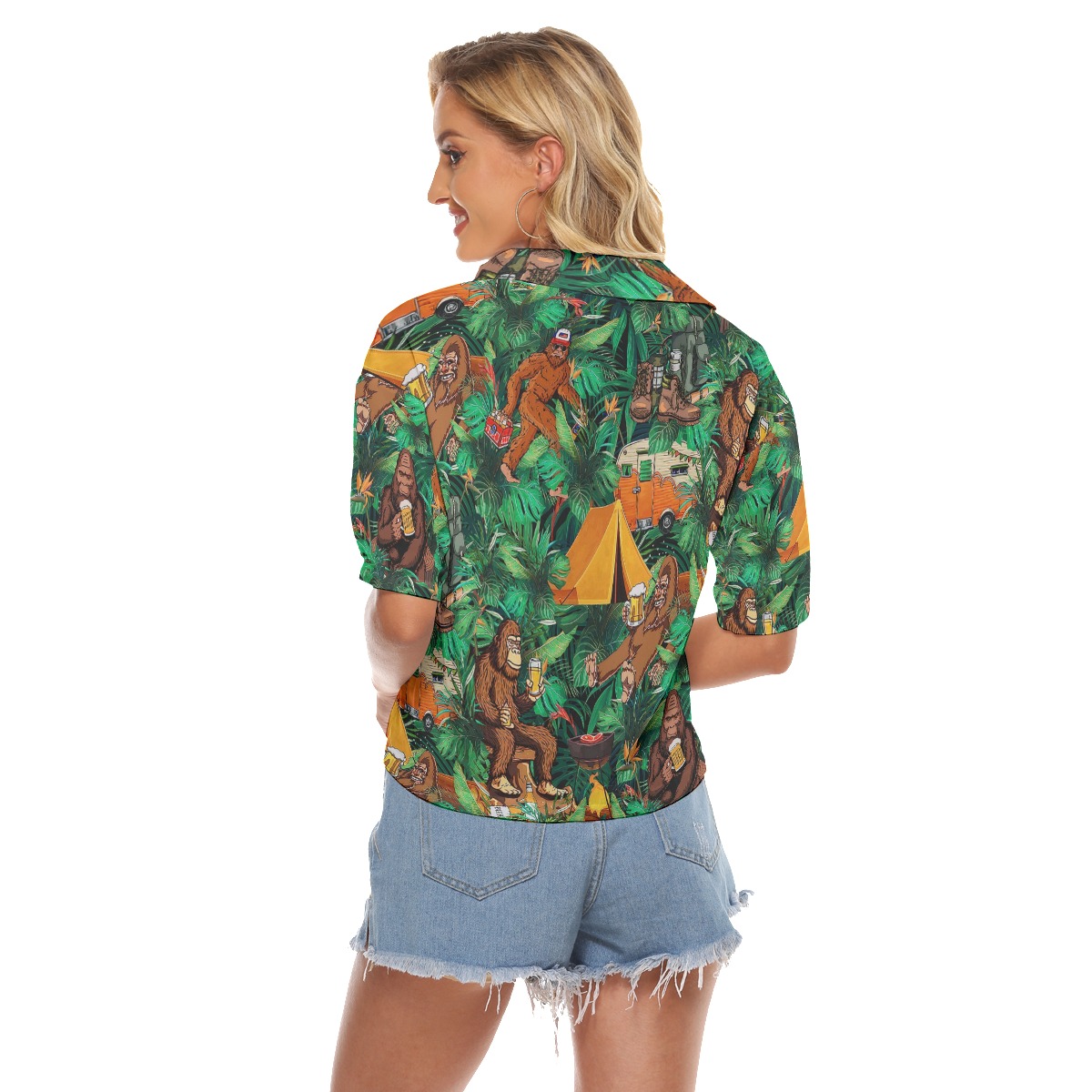 Funny Camping Bigfoot Tropical Hawaiian Cropped Shirt For Women